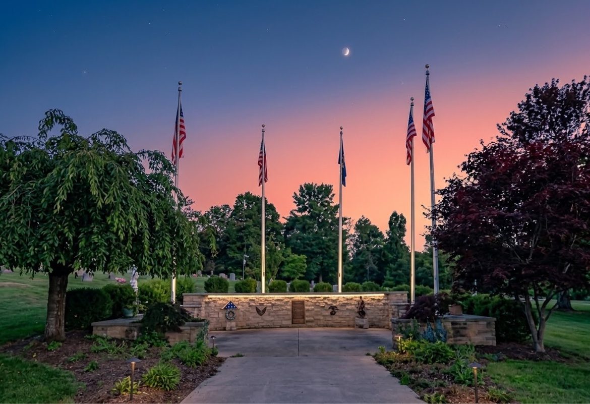 Veterans memorial with American flags at Parklawn Memorial Park, Rockville MD